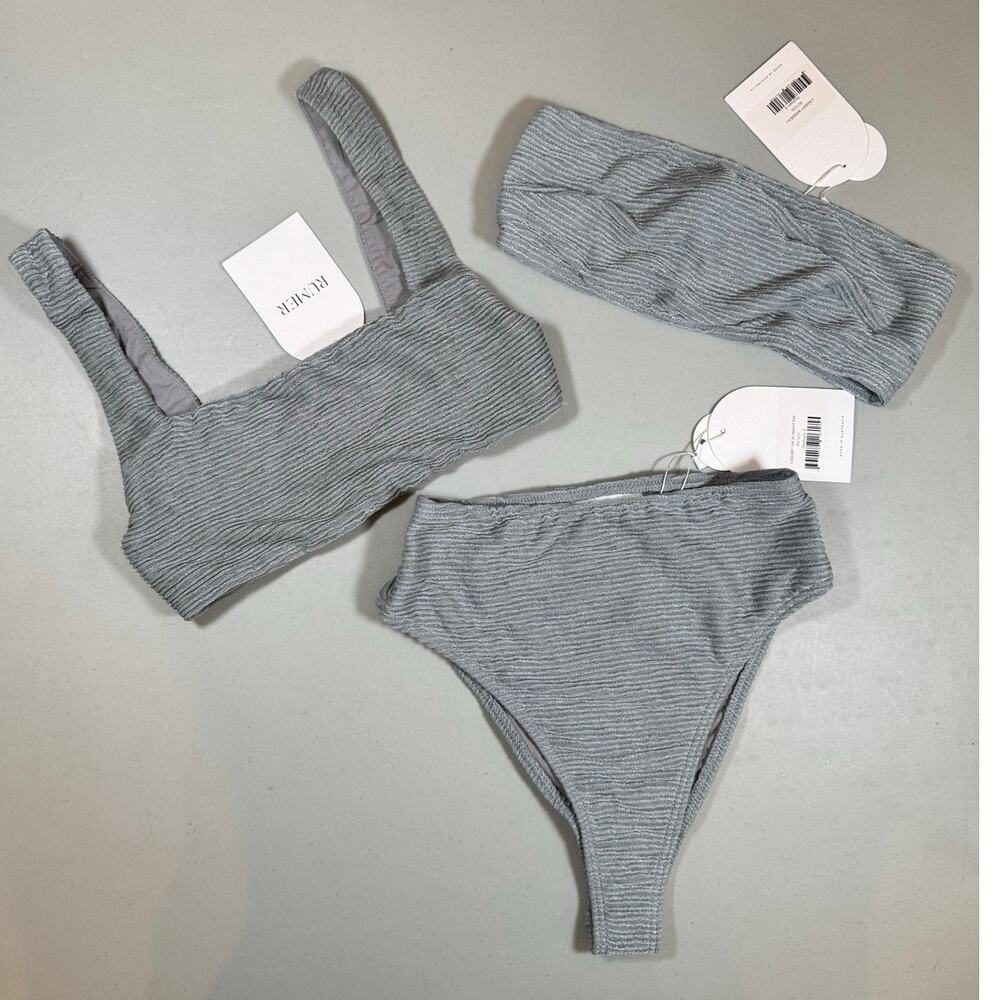 NWT RUMER The Label 3 Piece Bikini Set Gray Ribbed Fabric Size Small